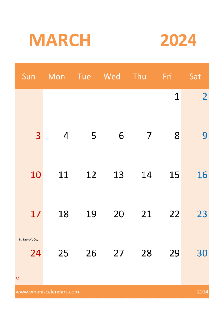Download March editable Calendar 2024 Free A4 Vertical M34340
