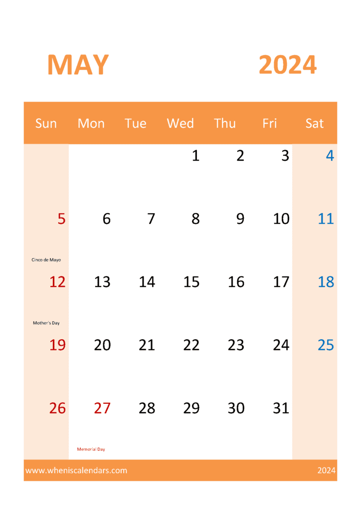 Blank May Calendar 2024 M54060