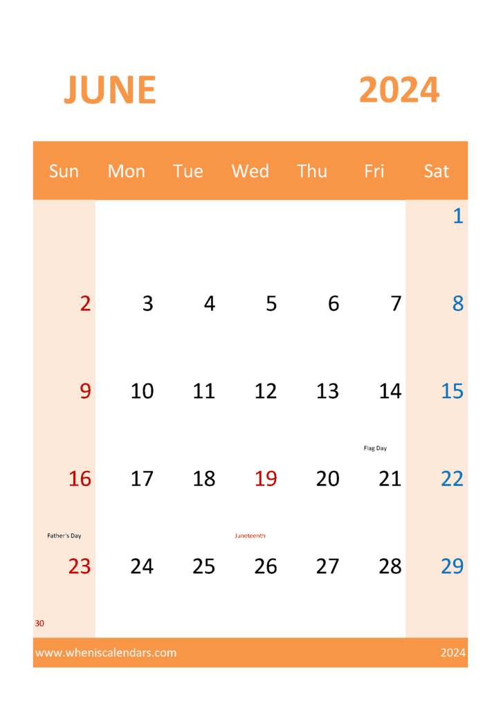 Download June editable Calendar 2024 Free A4 Vertical J64340