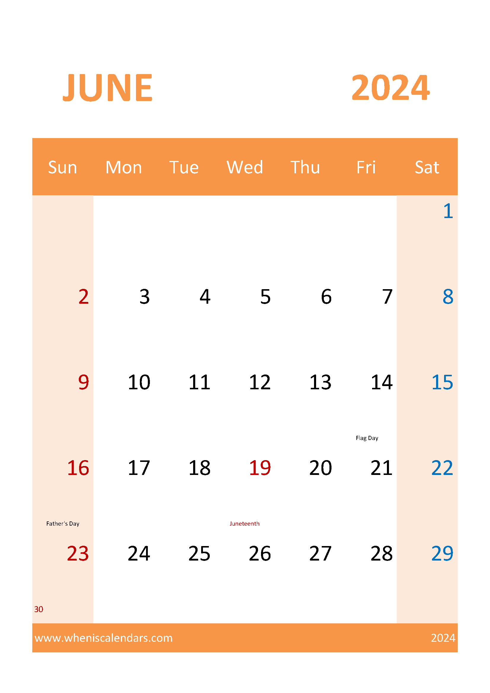 June editable Calendar 2024 Free Monthly Calendar
