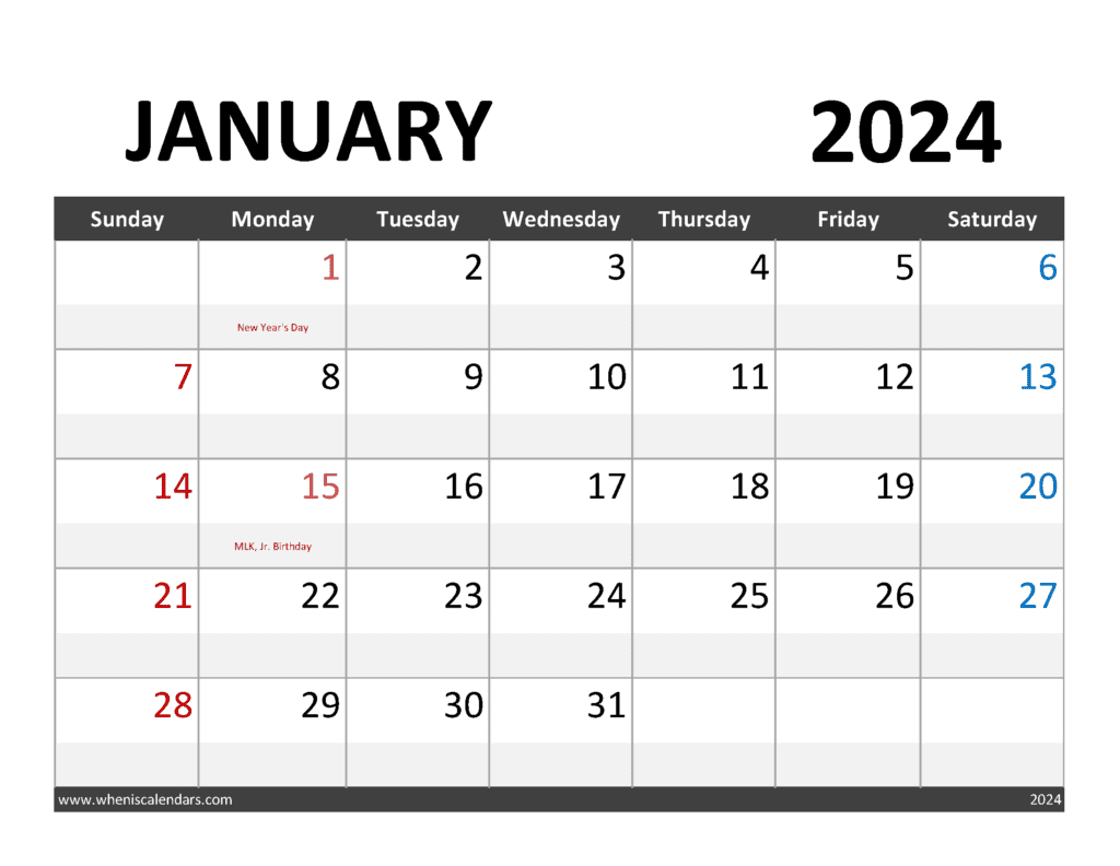 Blank Calendar for January 2024 Monthly Calendar