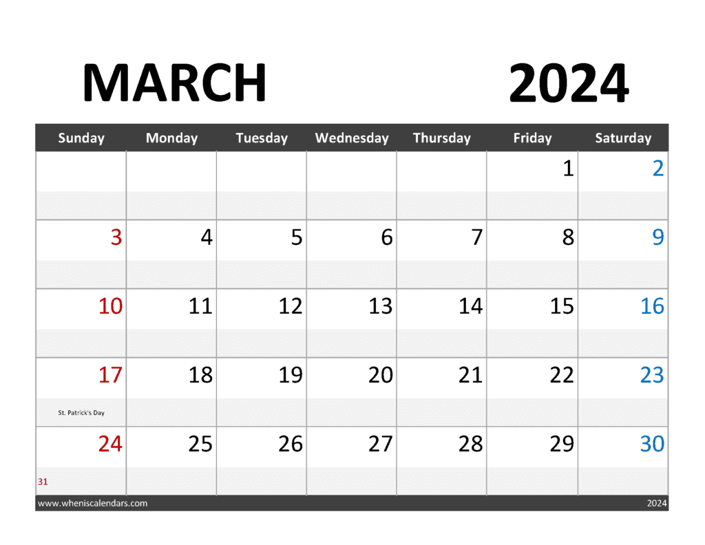 Download Printable Calendar March2024 Letter Horizontal M34342