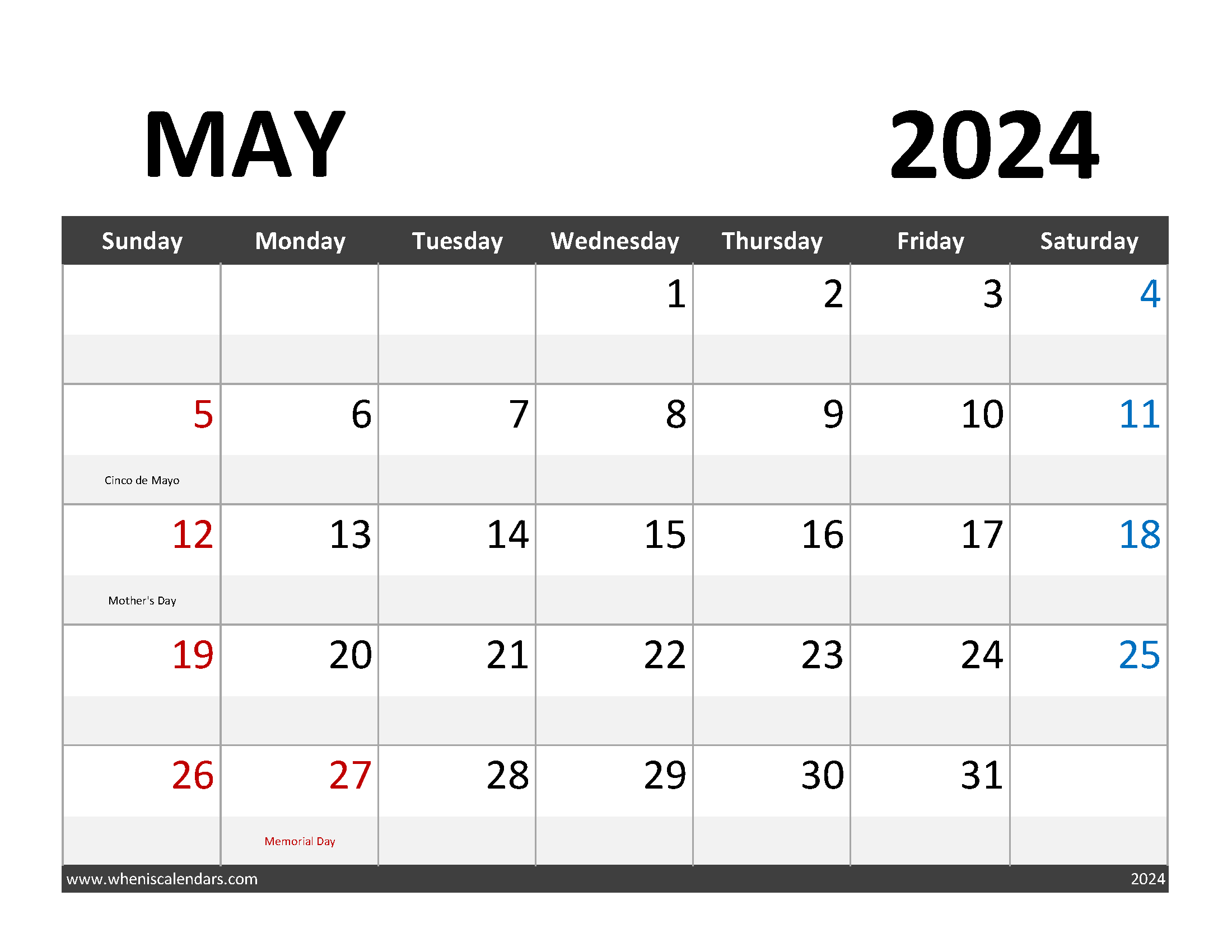 Printable Calendar May2024 Monthly Calendar