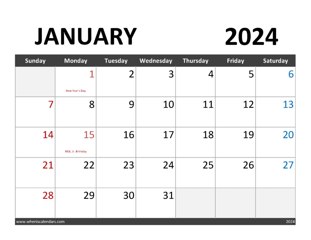 January 2024 Calendar to print Monthly Calendar