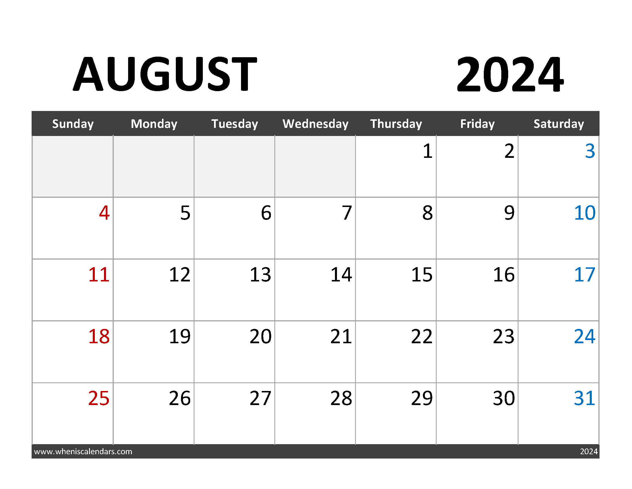 Printable August 2024 Calendar with lines Monthly Calendar