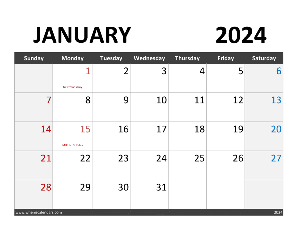 editable Calendar January 2024 Monthly Calendar