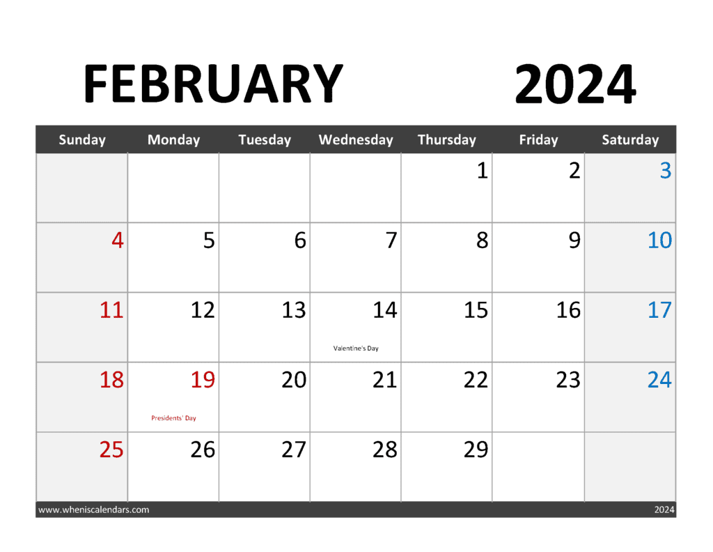 Download Blank Calendar for Feb 2024 Letter Horizontal F4344