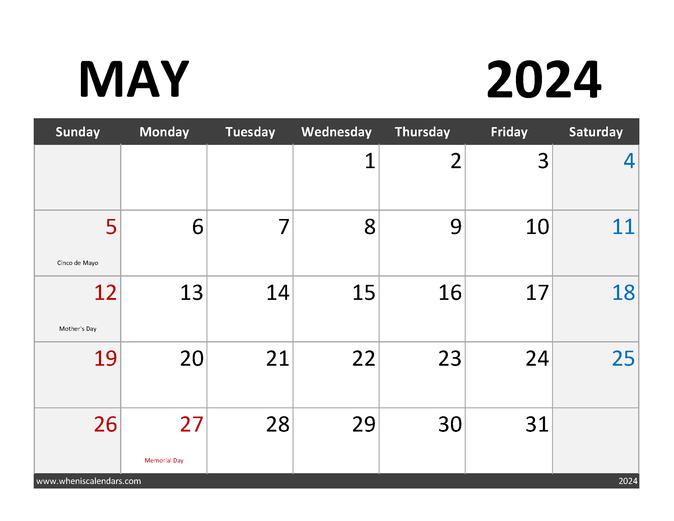 Blank Calendar for May 2024 Monthly Calendar