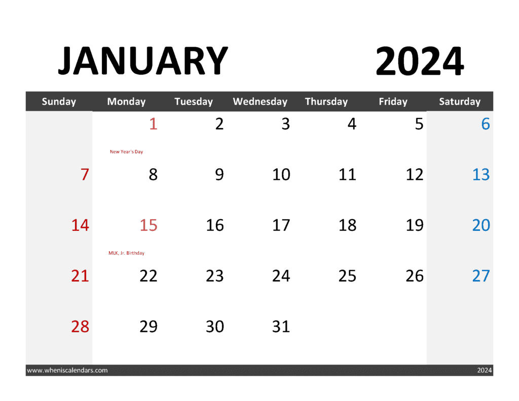 Download Free downloadable Calendar January 2024 Letter Horizontal J4345