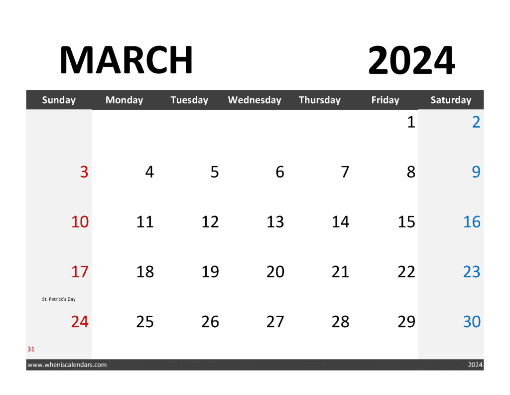 Download Free downloadable Calendar March 2024 Letter Horizontal M34345