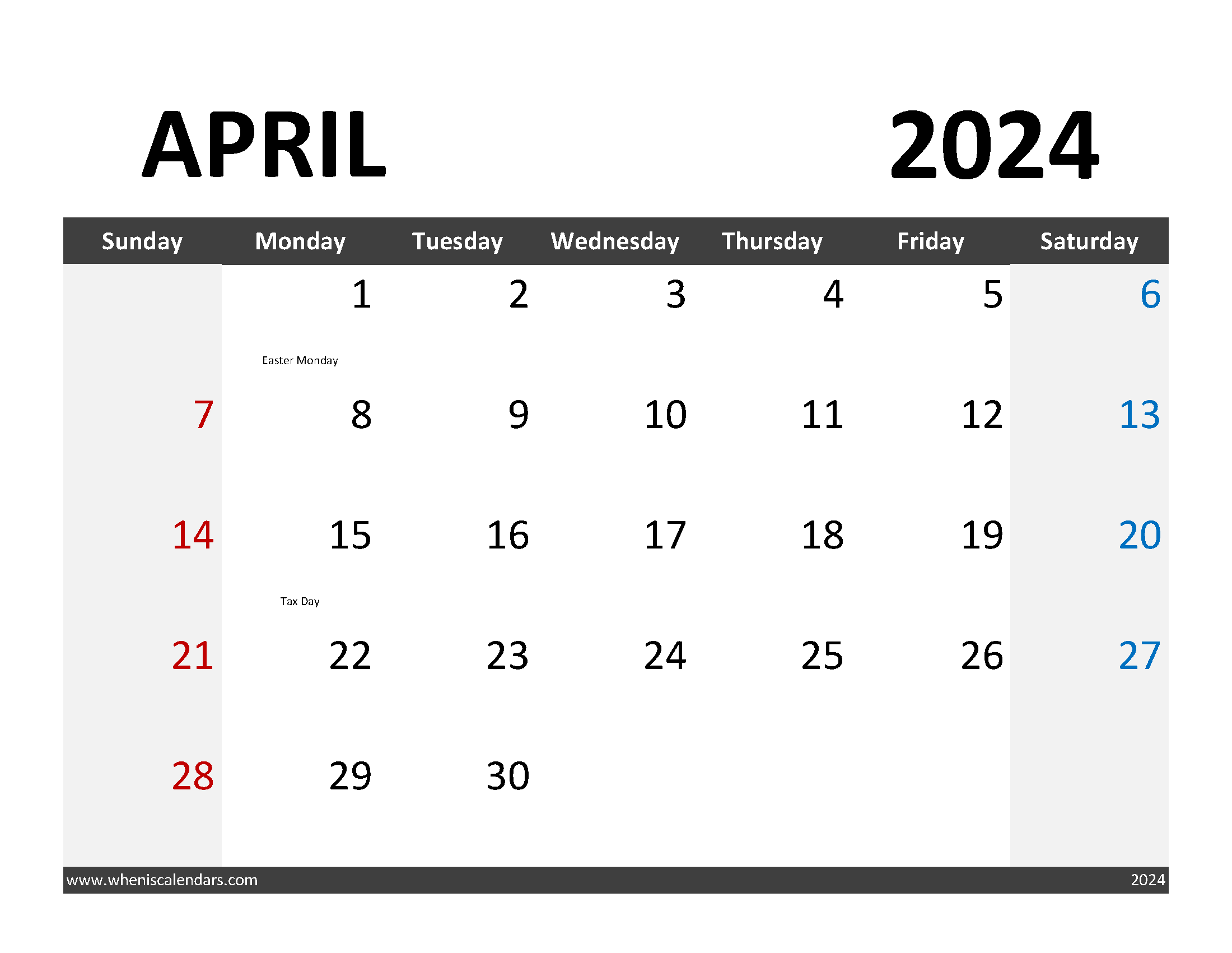 Free downloadable Calendar April 2024 Monthly Calendar