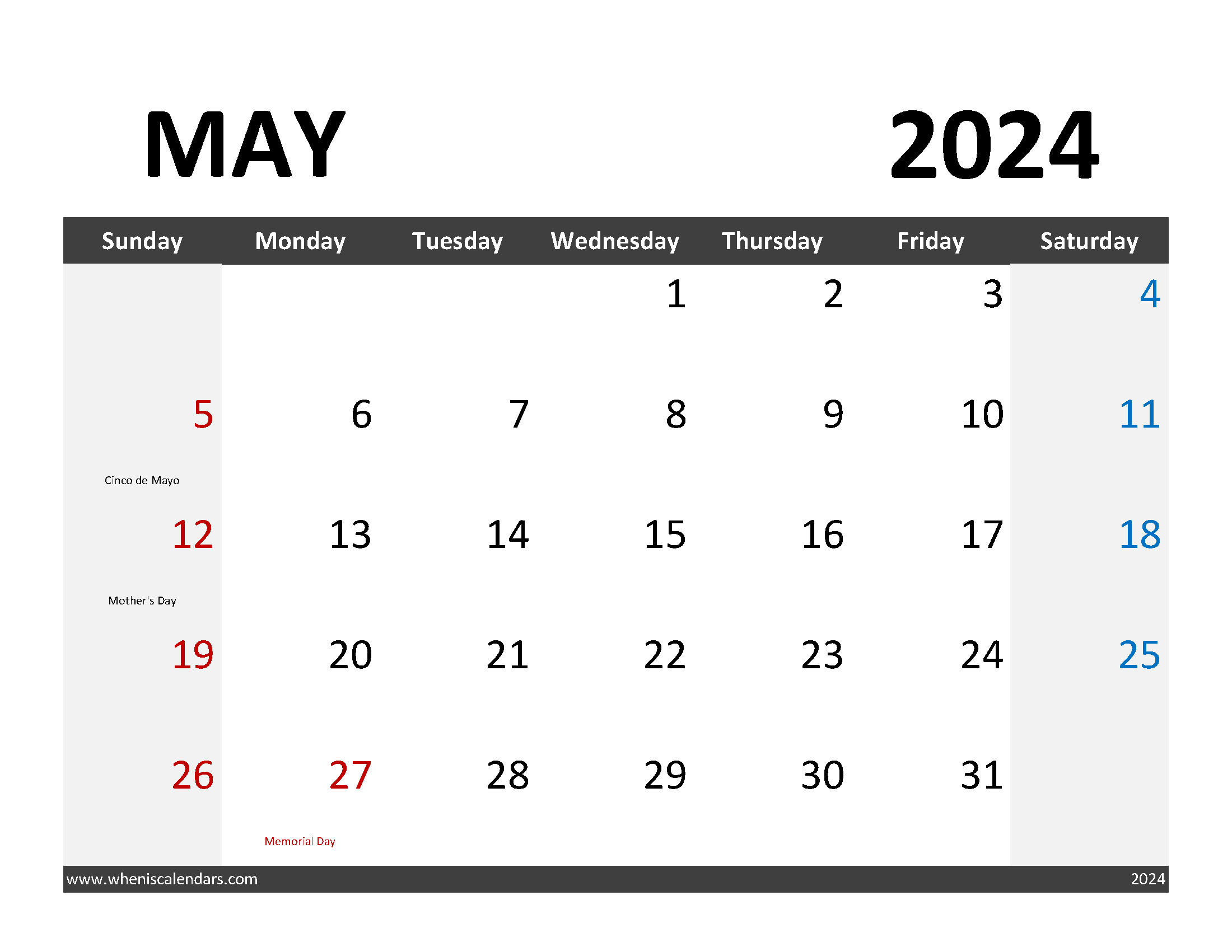 Free downloadable Calendar May 2024 Monthly Calendar