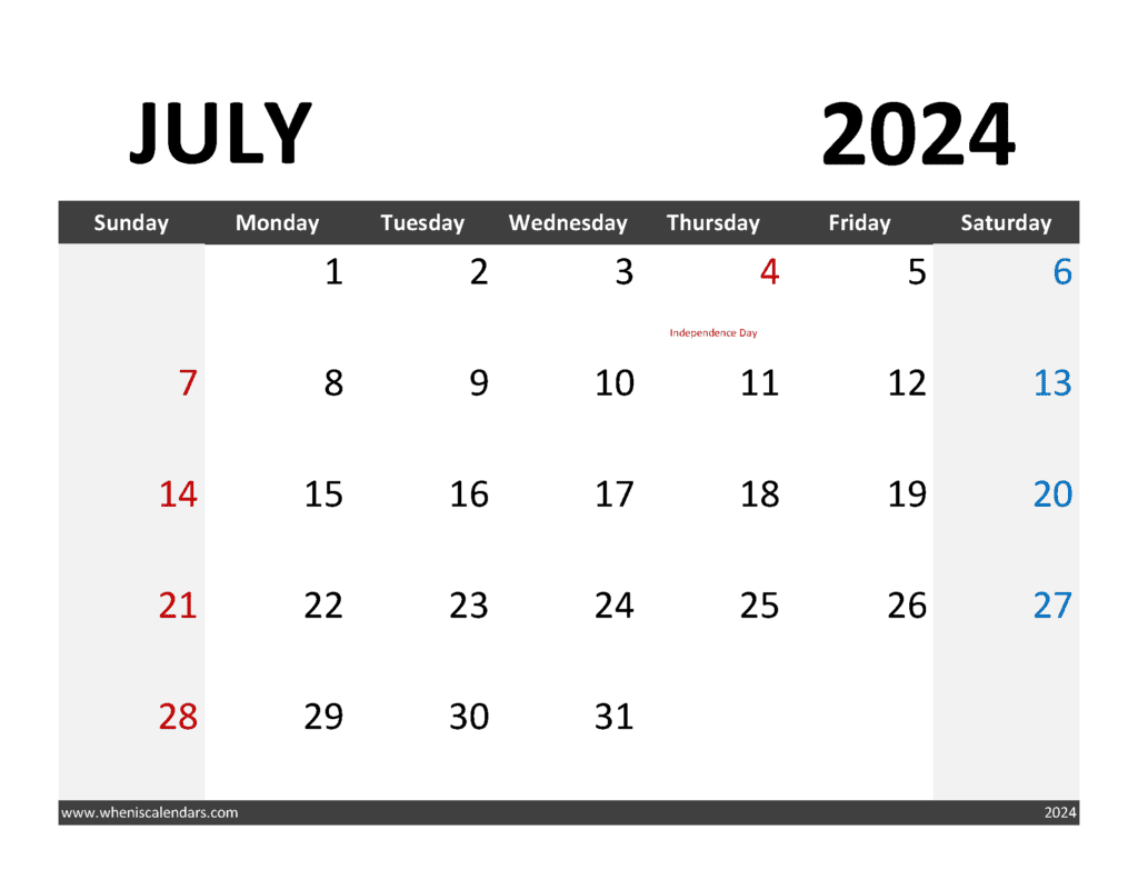Download Free downloadable Calendar July 2024 Letter Horizontal J74345
