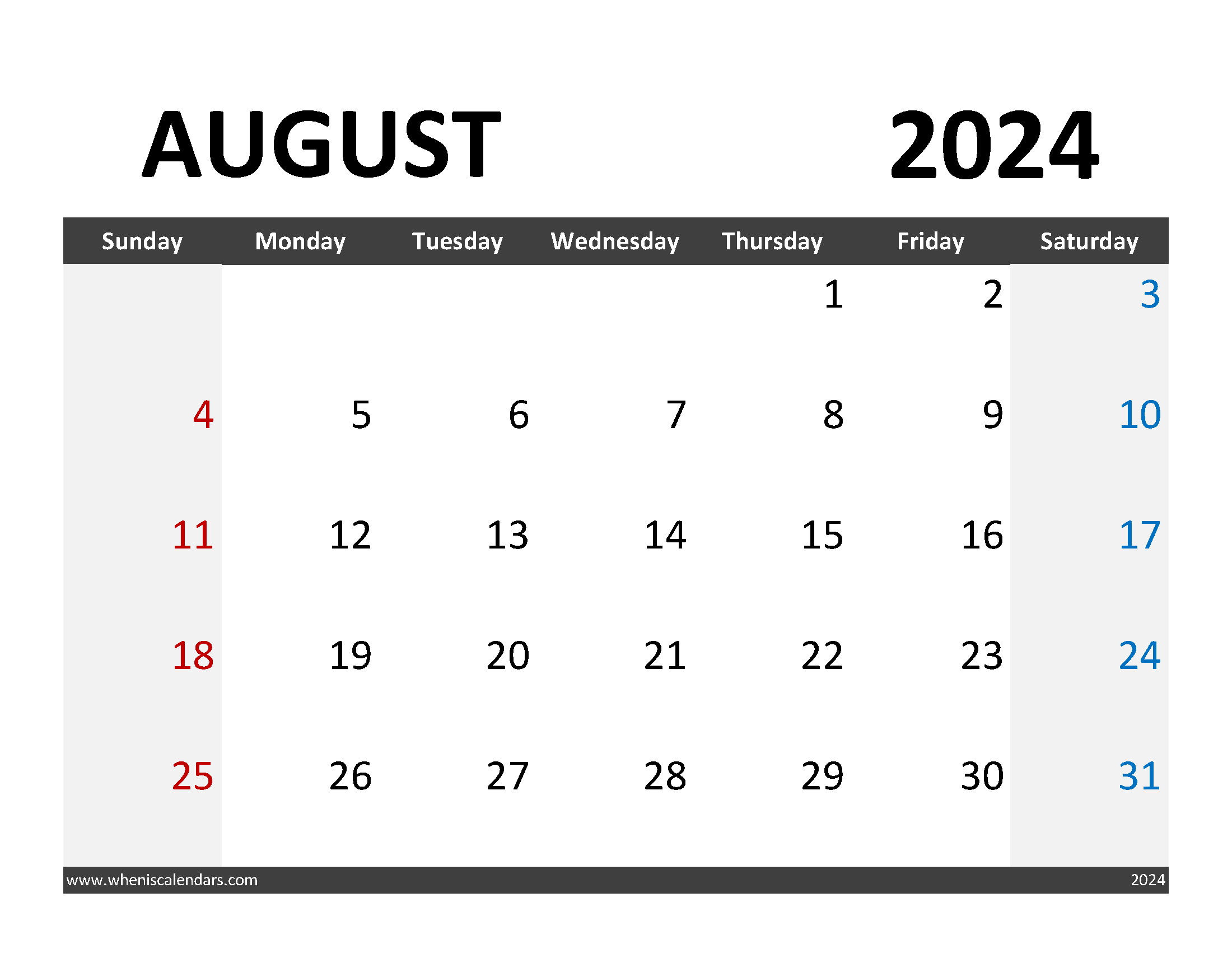 Free downloadable Calendar August 2024 Monthly Calendar