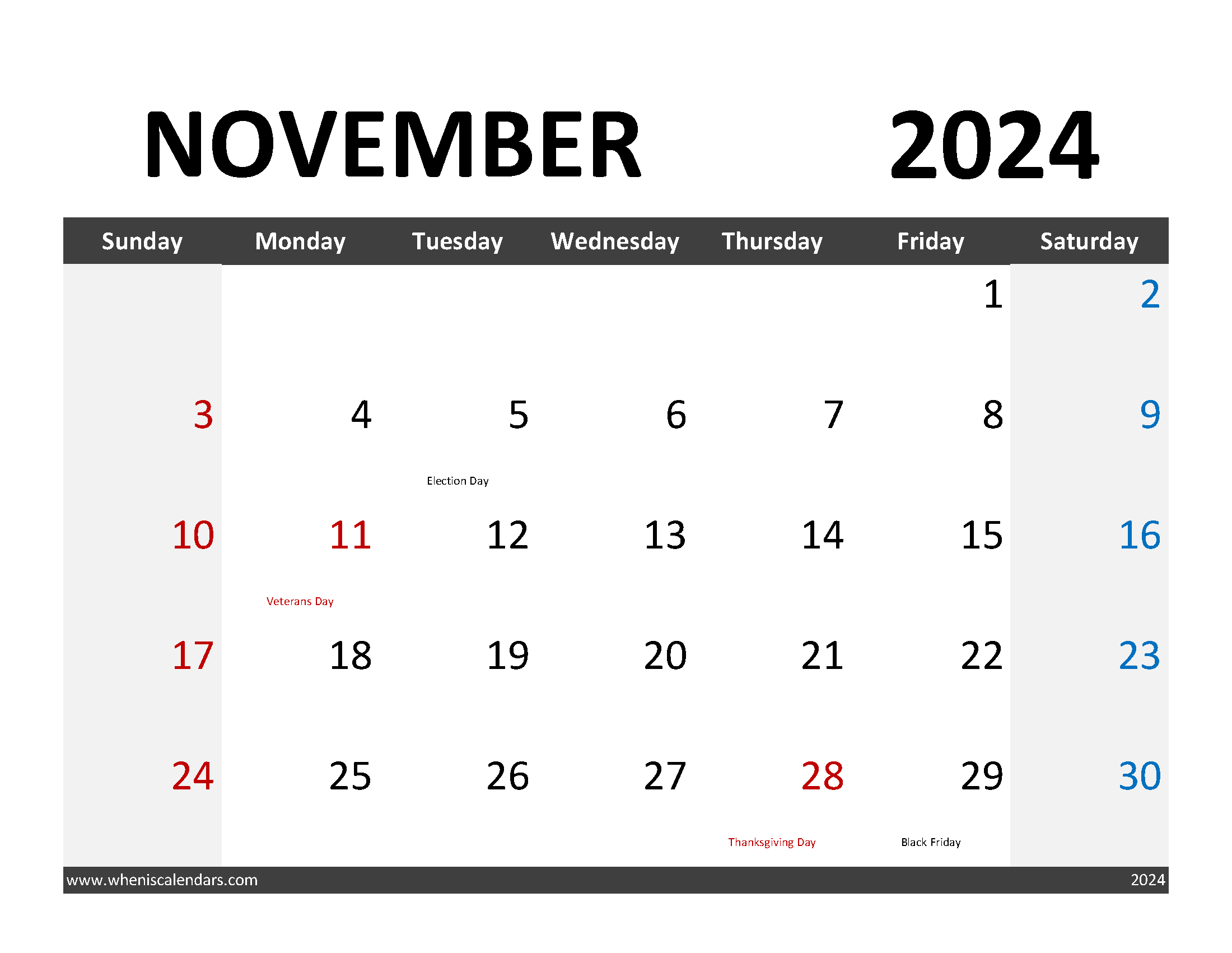 Free downloadable Calendar November 2024 Monthly Calendar