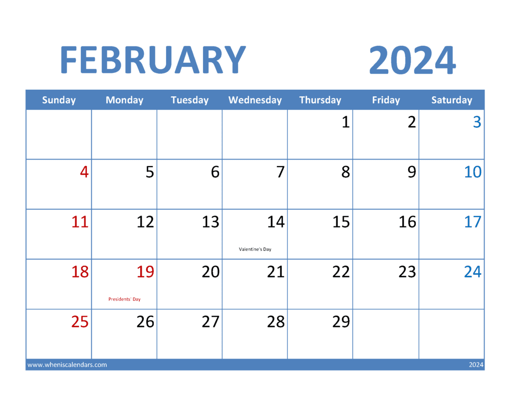Download free February Calendar 2024 with Holidays printable A4 in Vertical Portrait