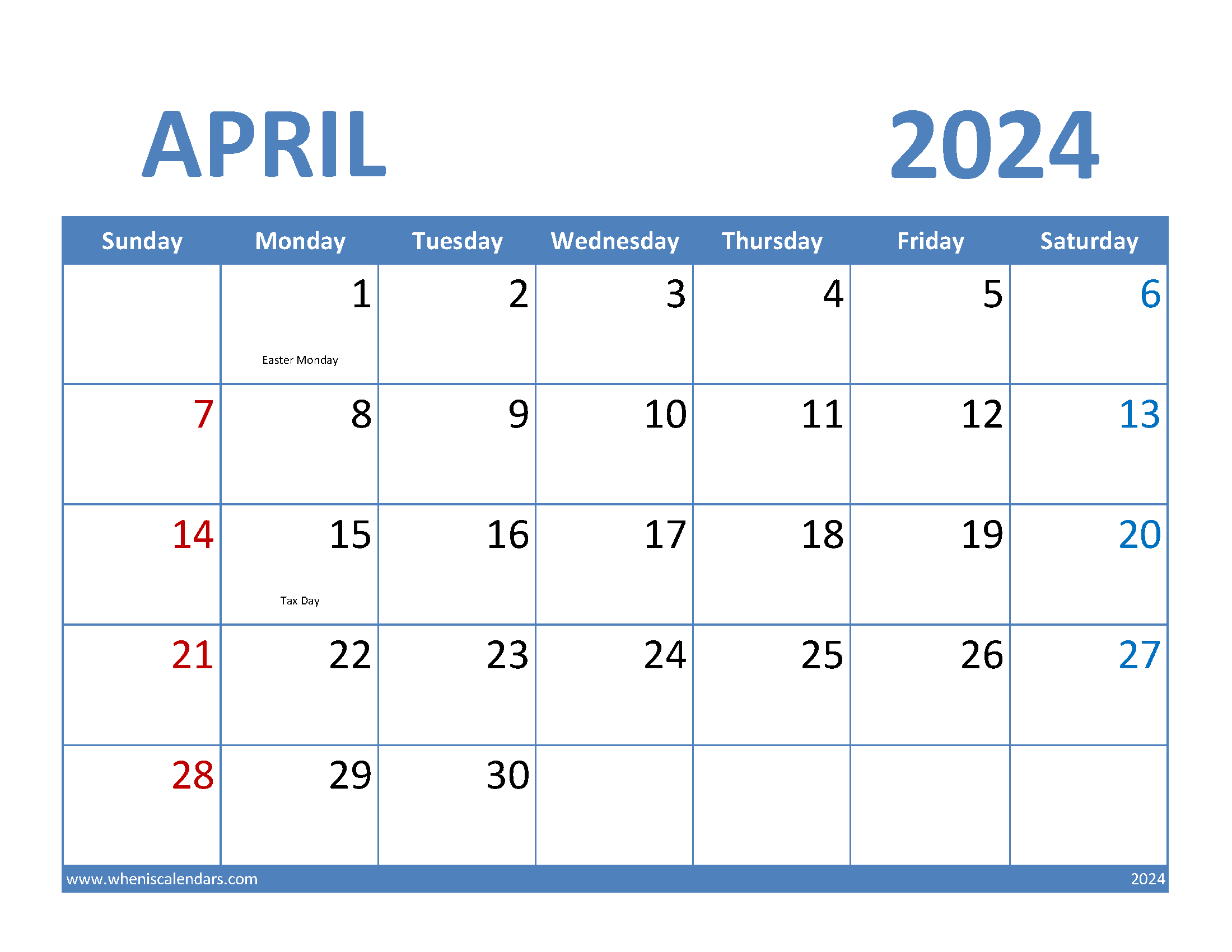 Free 2024 April Printable Calendar Monthly Calendar