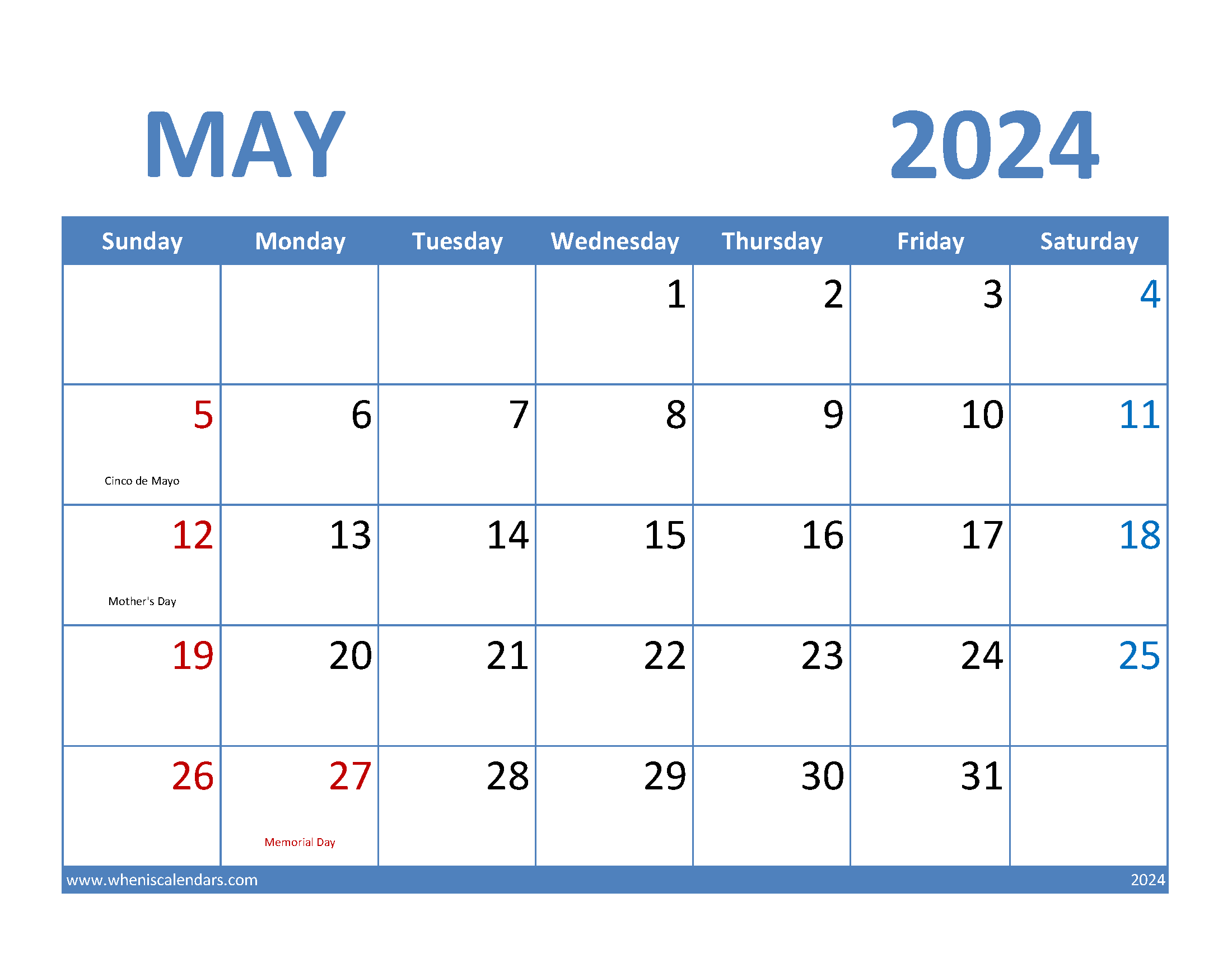 Free 2024 May Printable Calendar Monthly Calendar