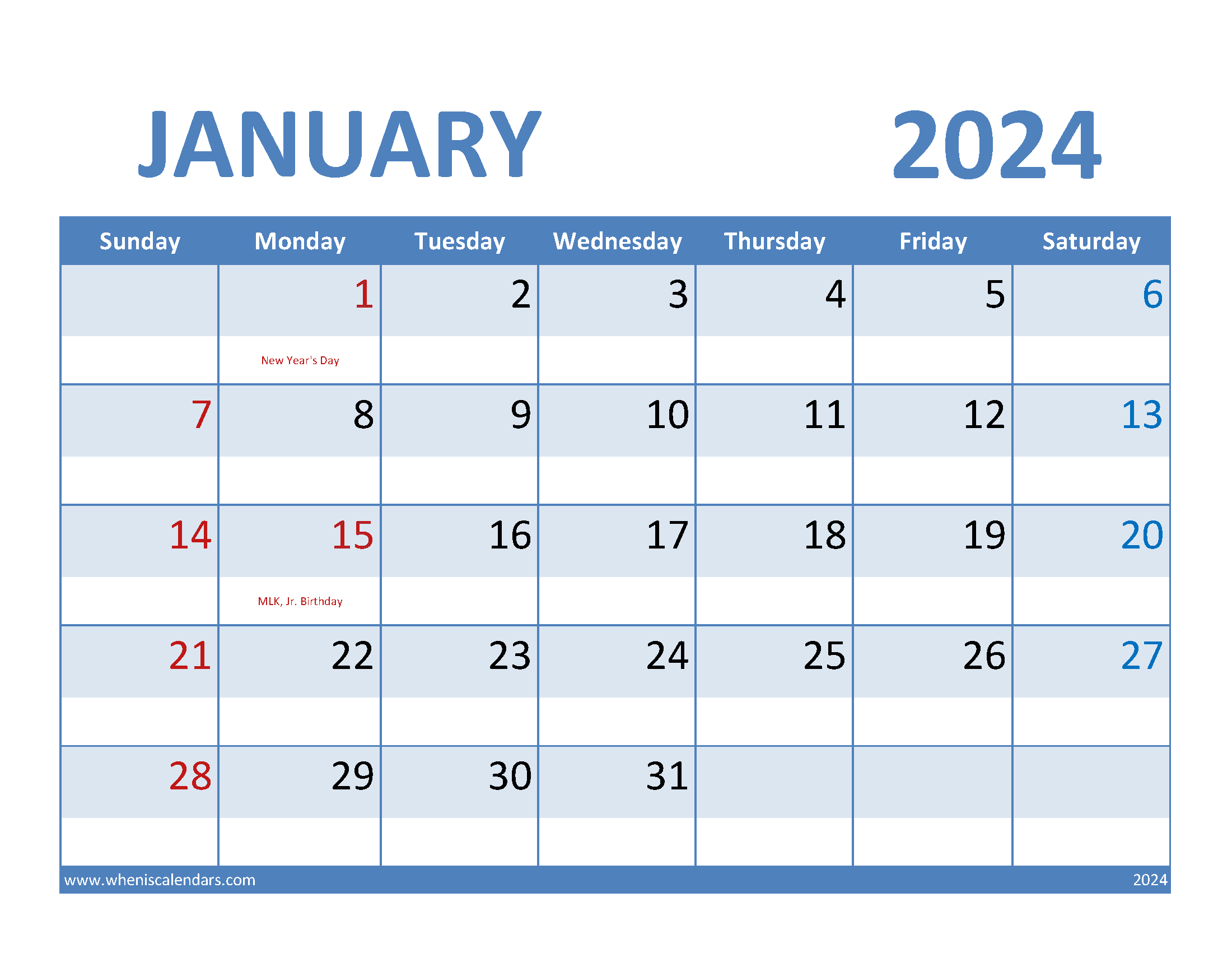 January 2024 Free print Calendar Monthly Calendar