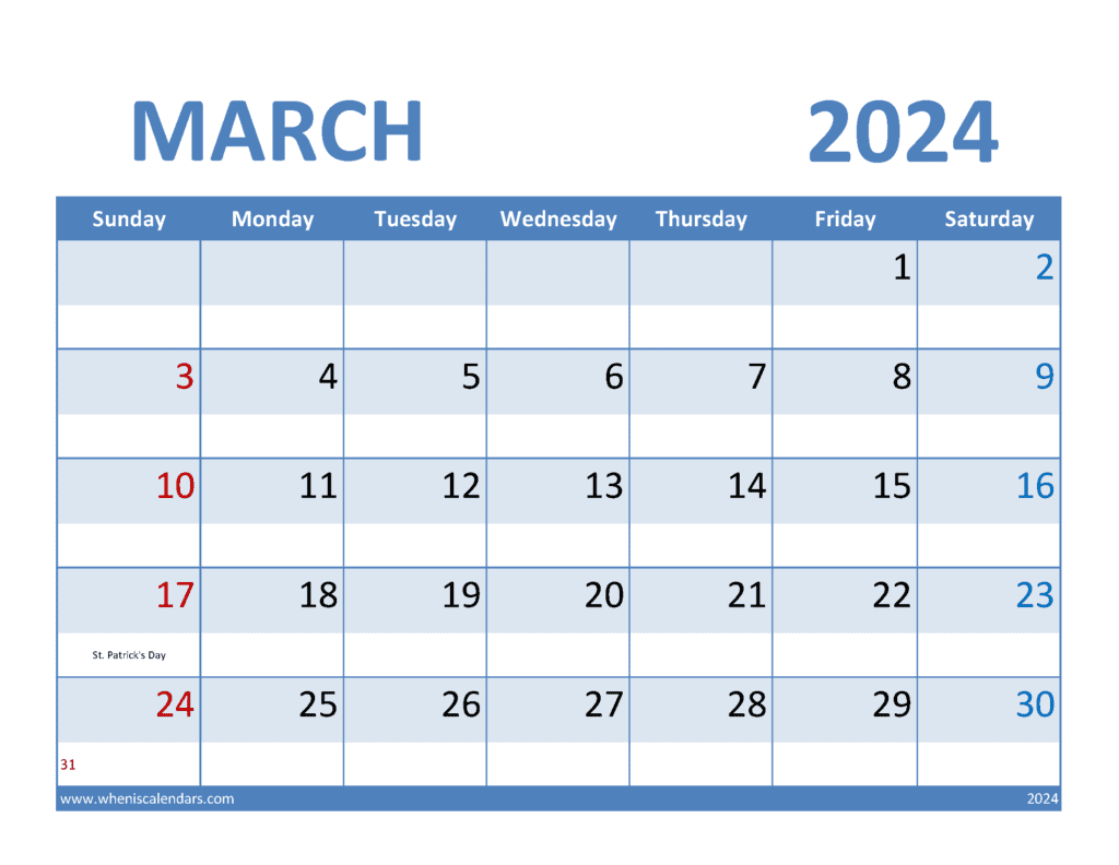 March 2024 Free print Calendar Monthly Calendar