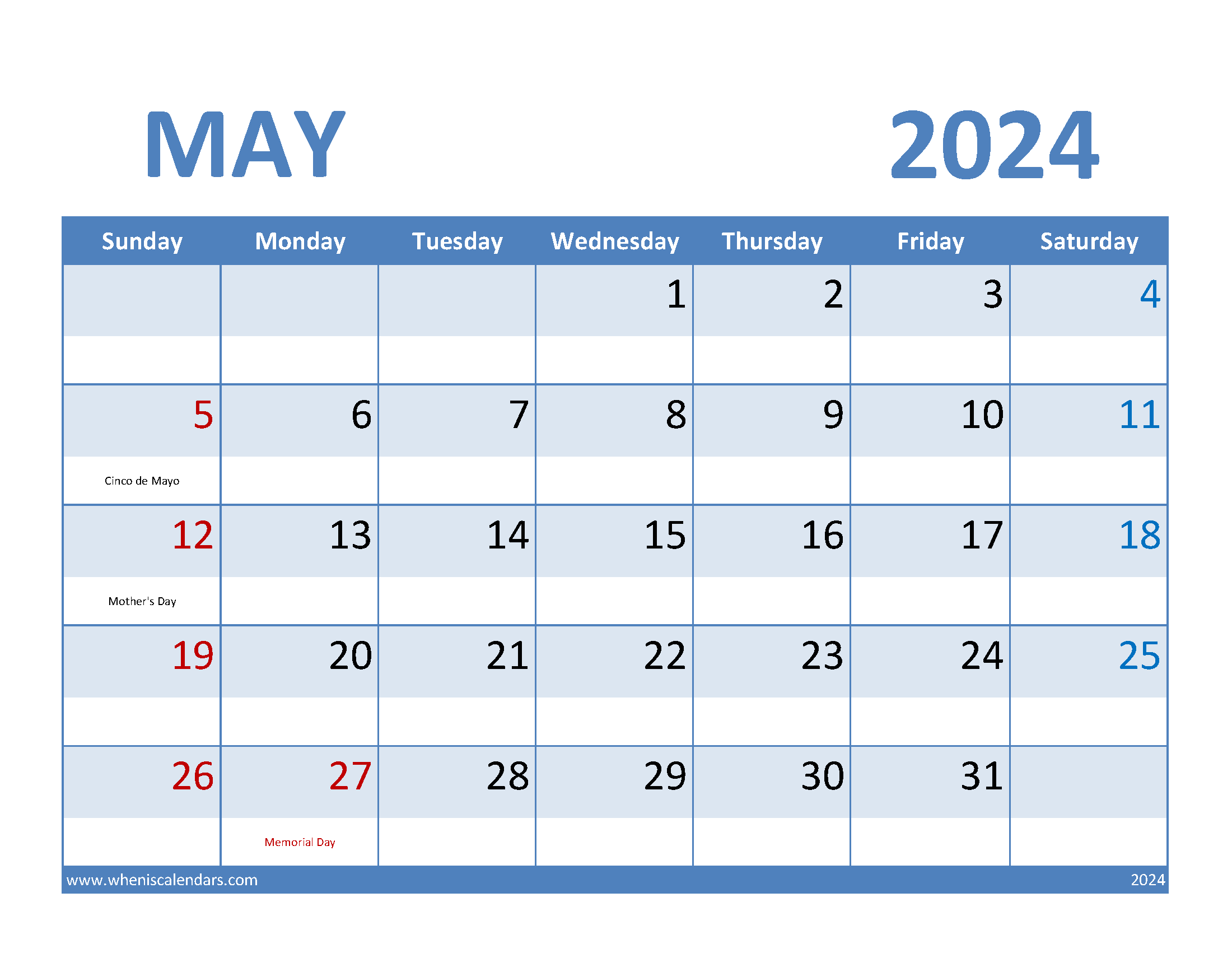 May 2024 Free print Calendar Monthly Calendar