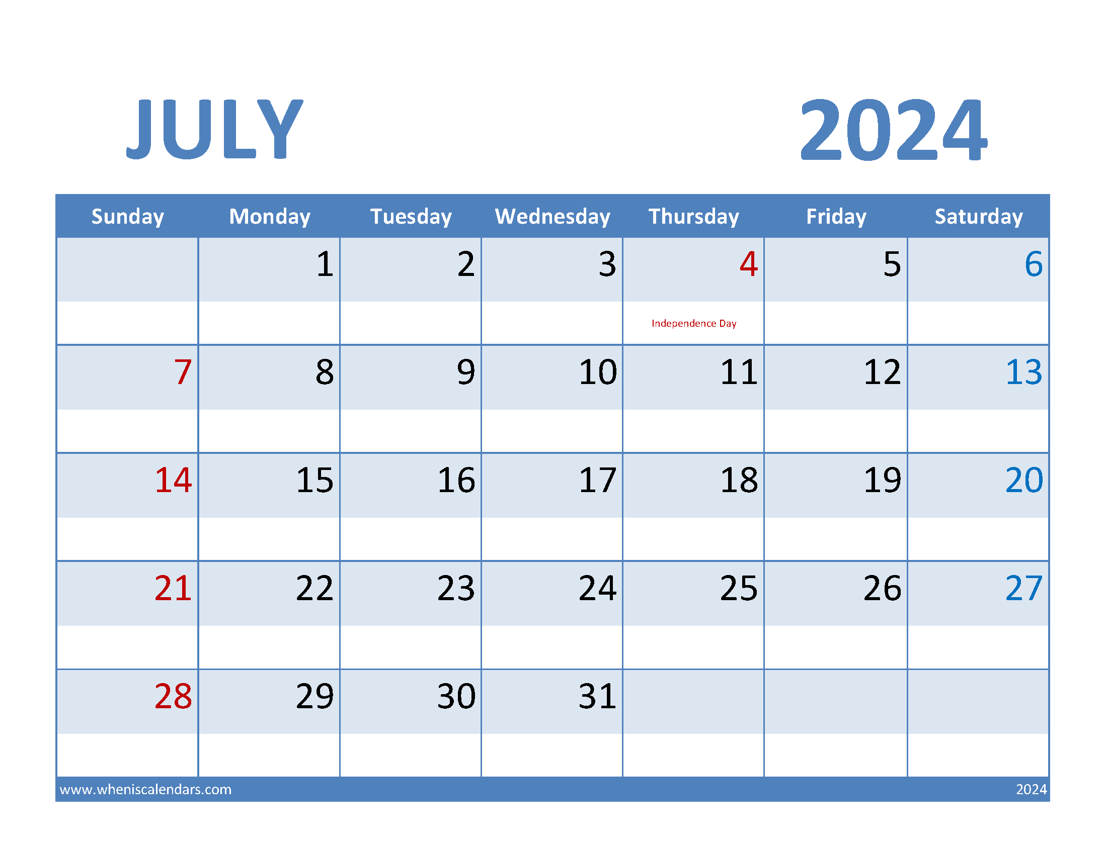 July 2024 Free print Calendar Monthly Calendar