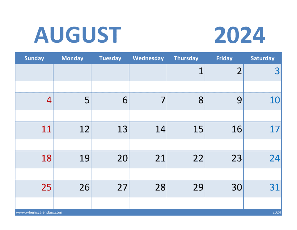 August 2024 Free print Calendar Monthly Calendar
