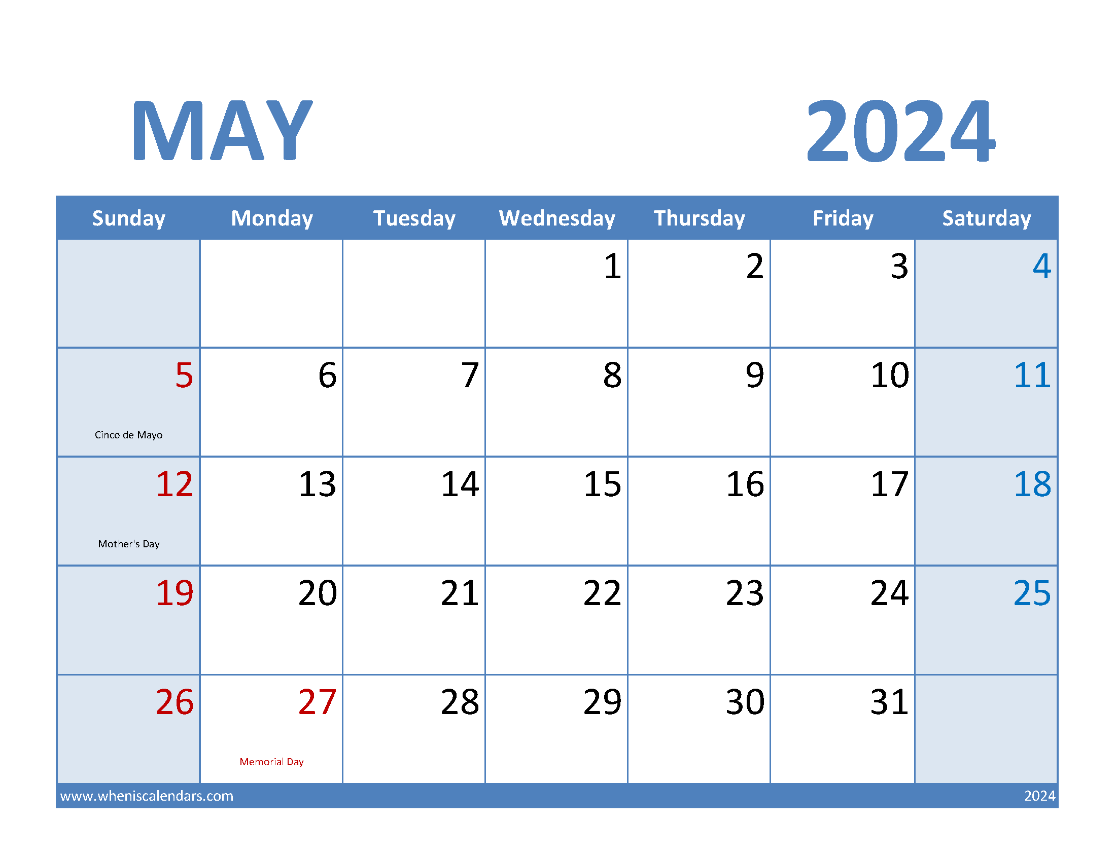 Free May 2024 Calendar Printable Monthly Calendar