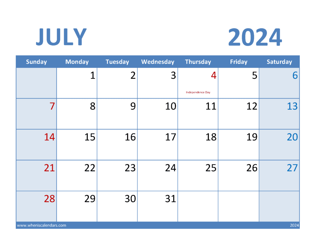 Download Free Jul 2024 Calendar Printable Letter Horizontal J74349