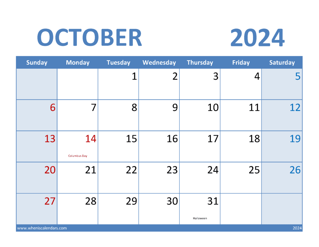 Download free October Calendar 2024 with Holidays printable A4 in Vertical Portrait