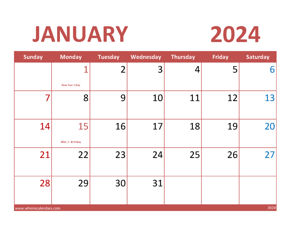 Download 2024 January Blank Calendar Printable Letter Horizontal J4351