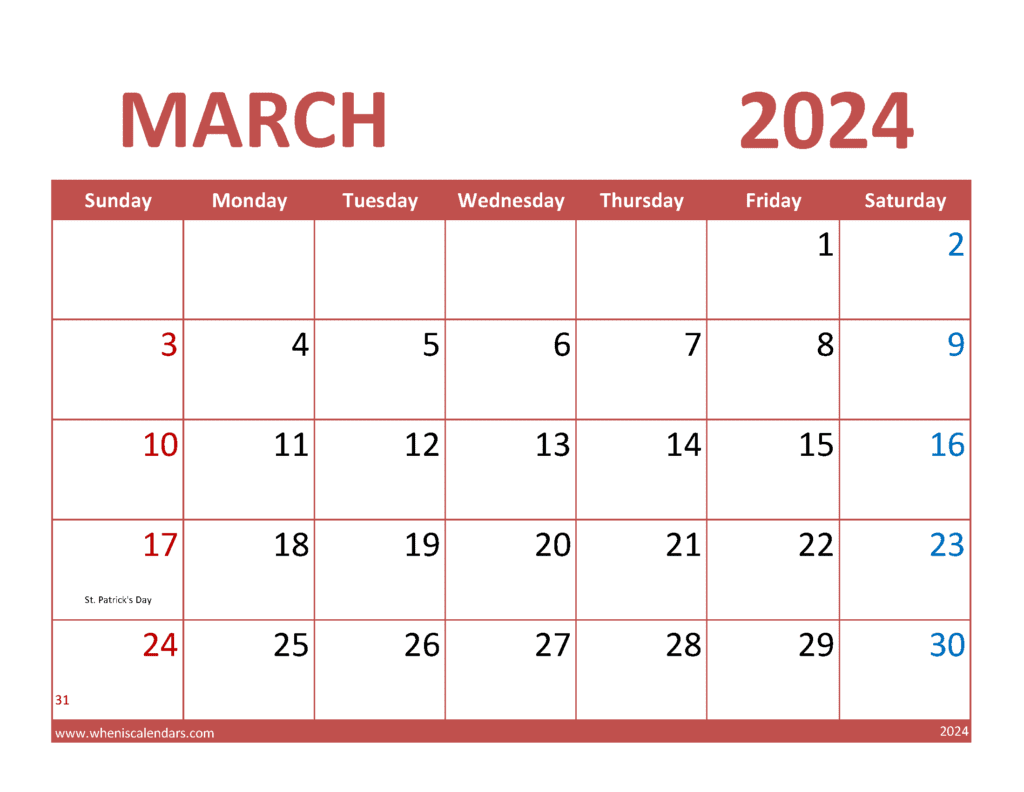 Download 2024 March Blank Calendar Printable Letter Horizontal M34351
