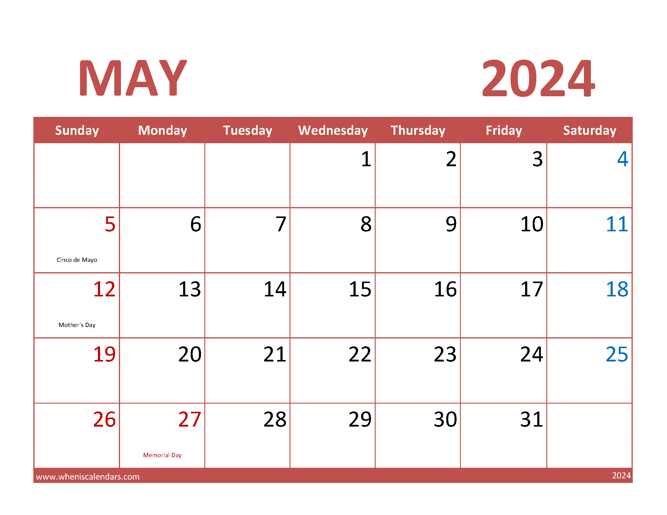 2024 May Blank Calendar Printable Monthly Calendar
