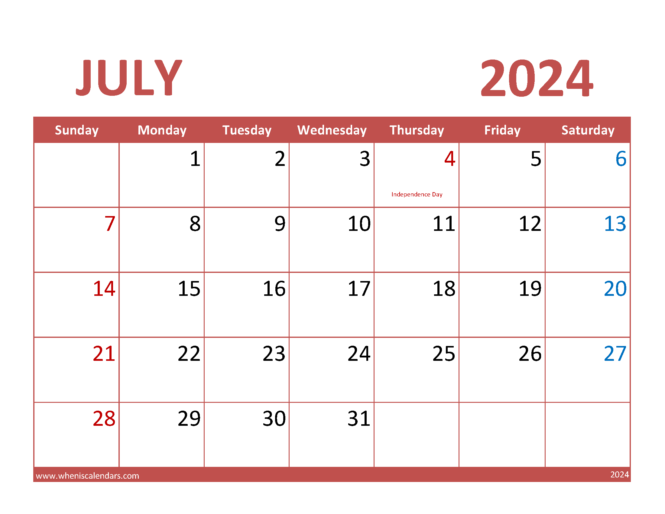 2024 July Blank Calendar Printable Monthly Calendar