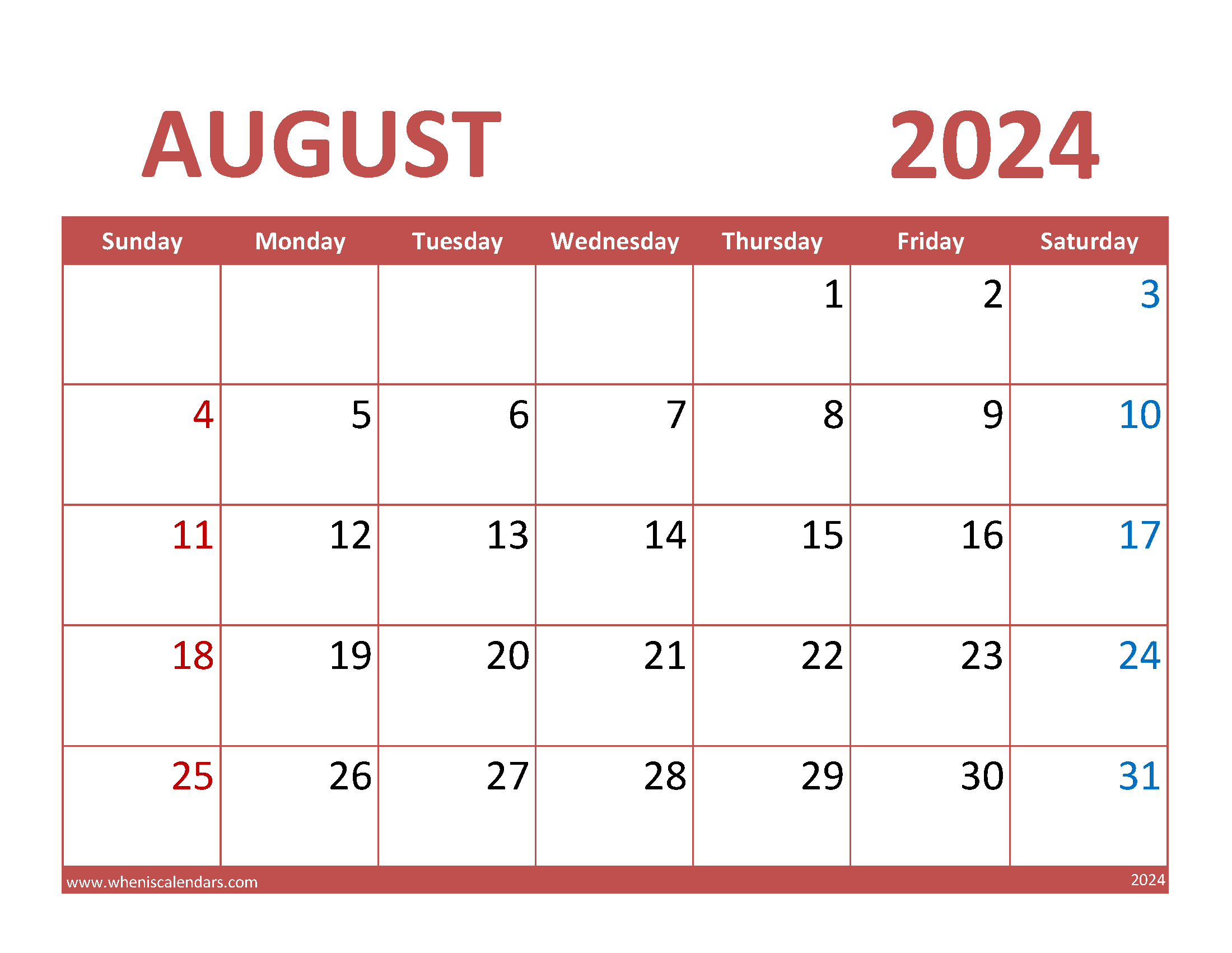 2024 August Blank Calendar Printable Monthly Calendar