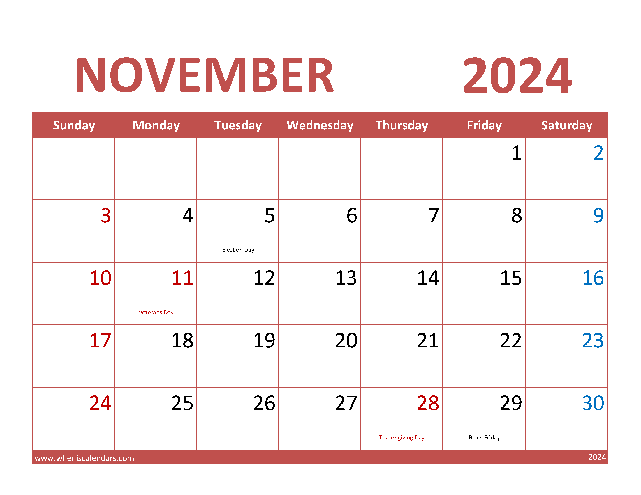 2024 November Blank Calendar Printable Monthly Calendar