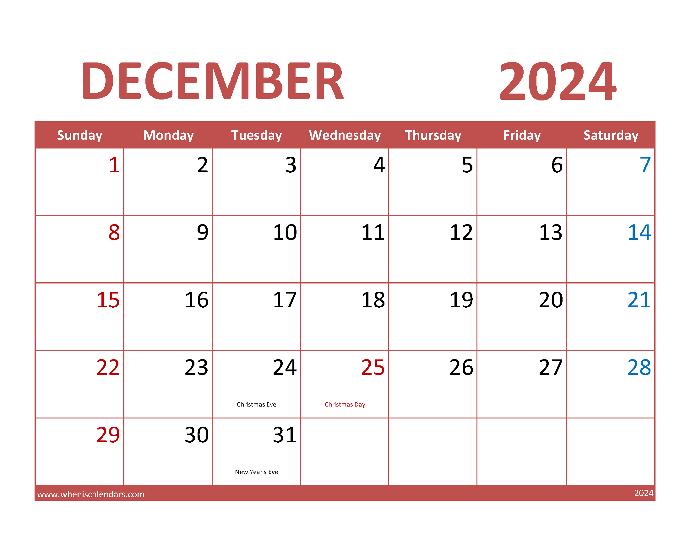 2024 December Blank Calendar Printable Monthly Calendar