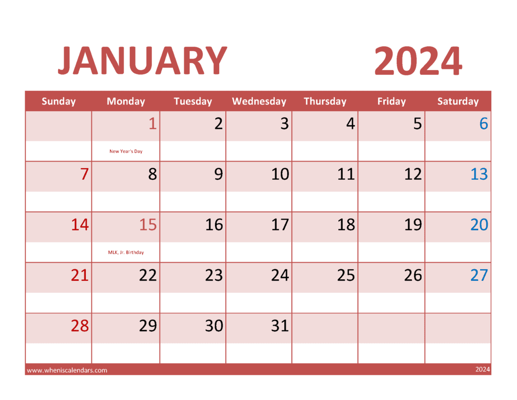 Free Printable Calendar for January 2024 Monthly Calendar