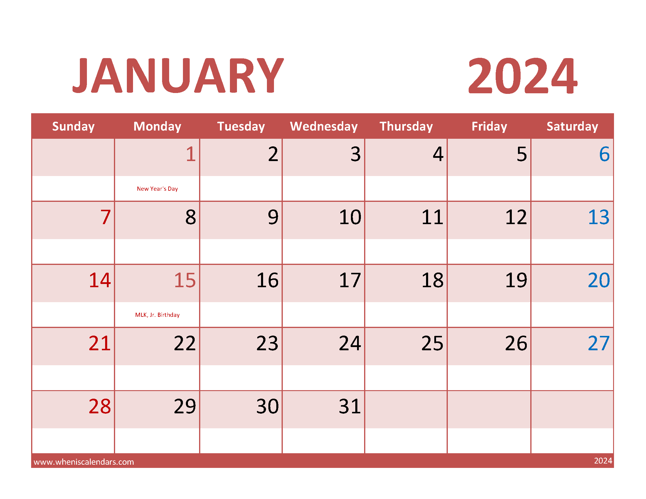 Calendar Jan 2024 Free Printable Monthly Calendar