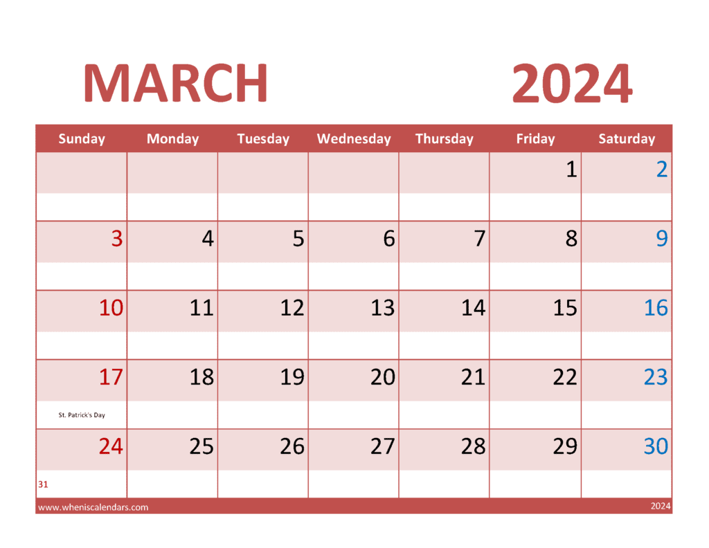 Download Calendar Mar 2024 Free Printable Letter Horizontal M34352