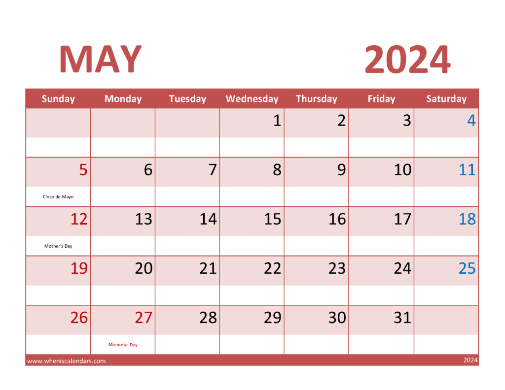 Free printable Calendar for May 2024 M54072
