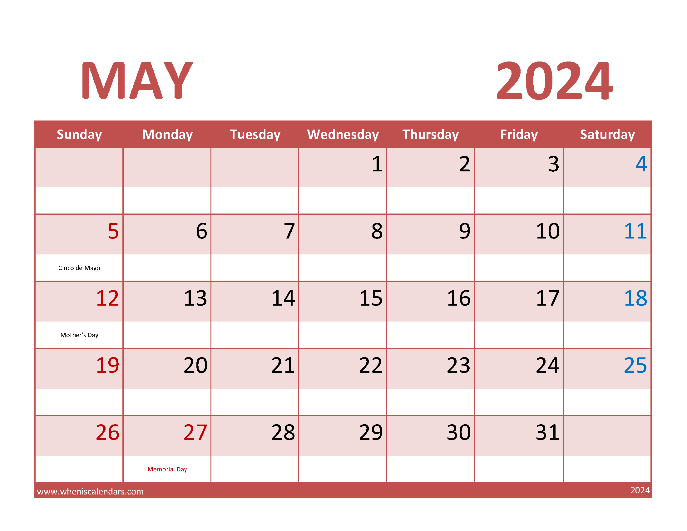 Calendar May 2024 Free Printable Monthly Calendar