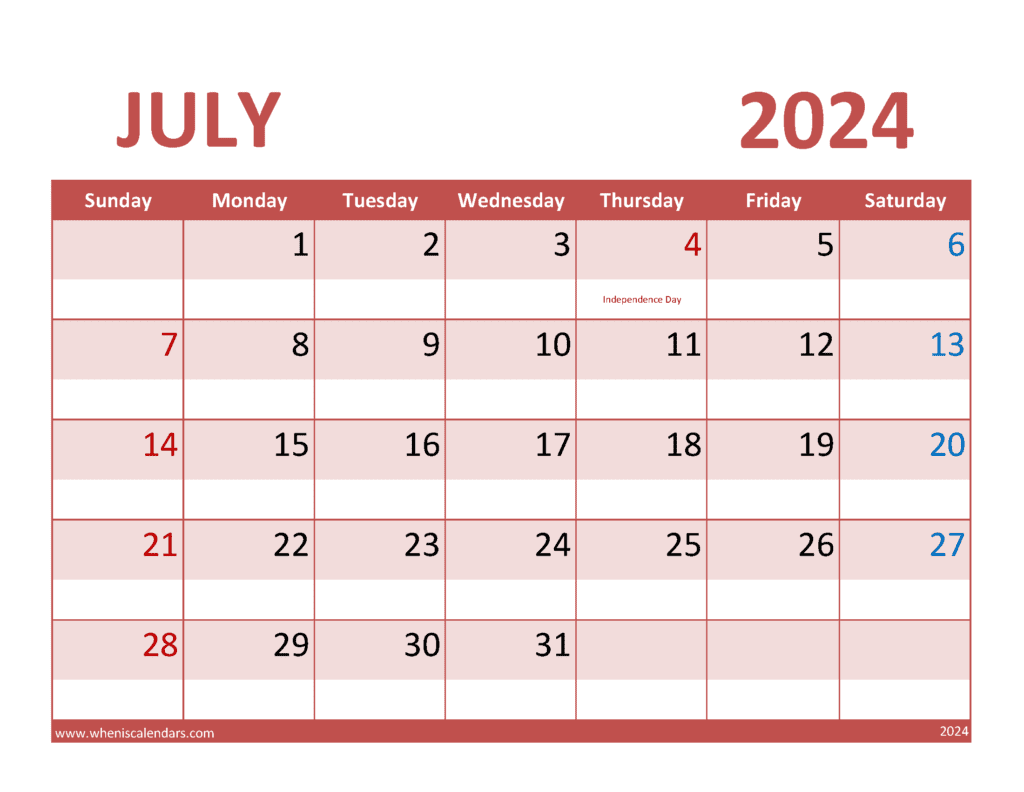 Download Calendar Jul 2024 Free Printable Letter Horizontal J74352