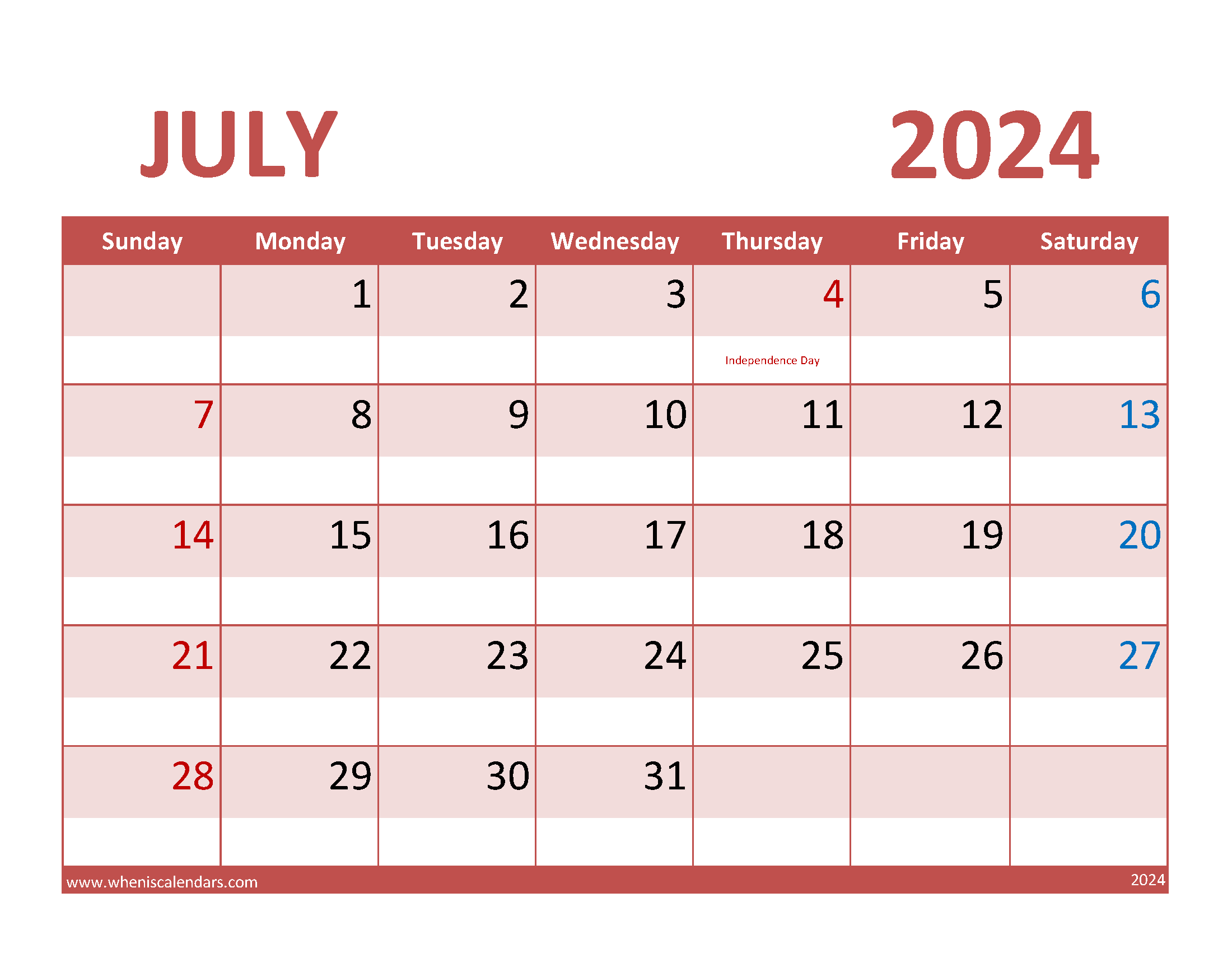 Calendar Jul 2024 Free Printable Monthly Calendar