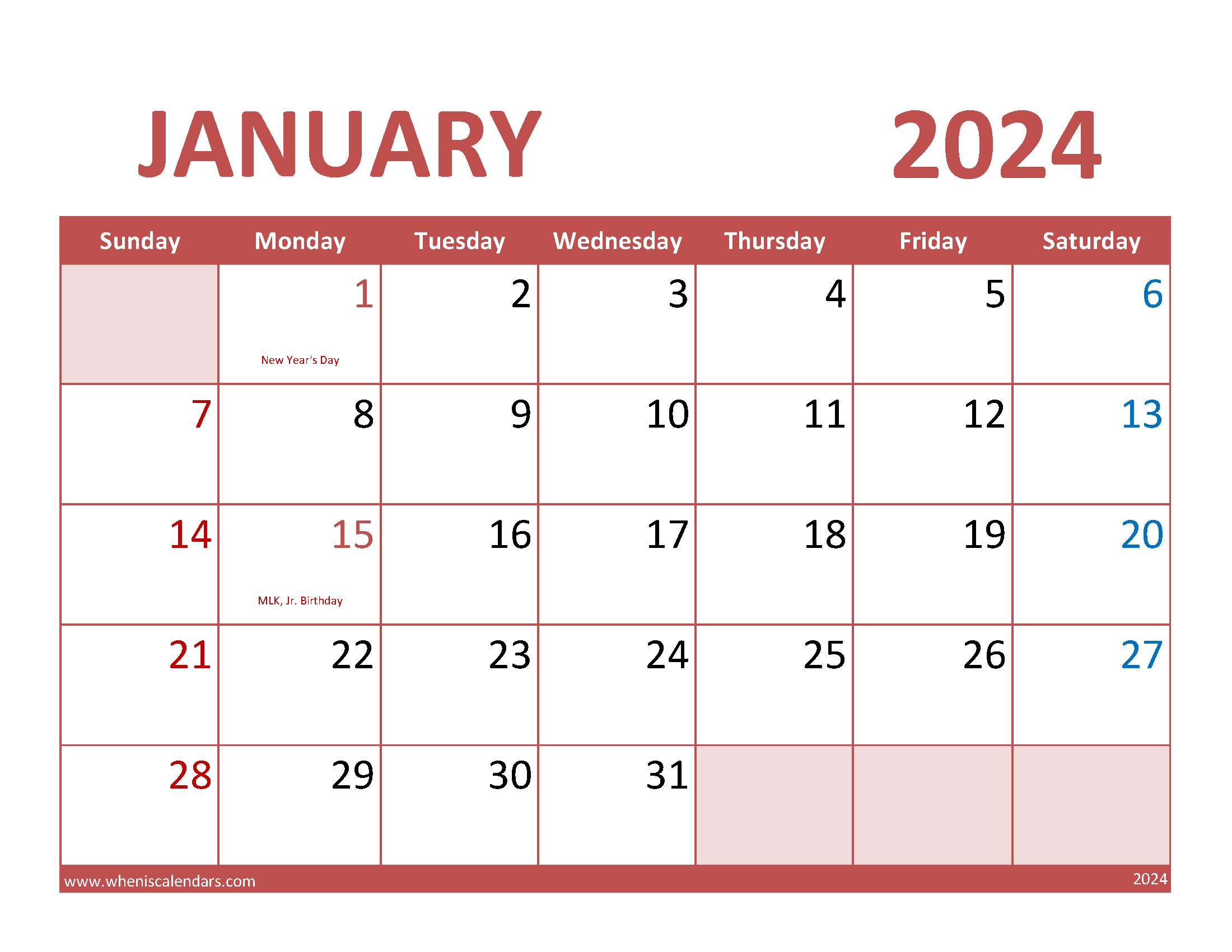 January 2024 Calendar Free Template Monthly Calendar