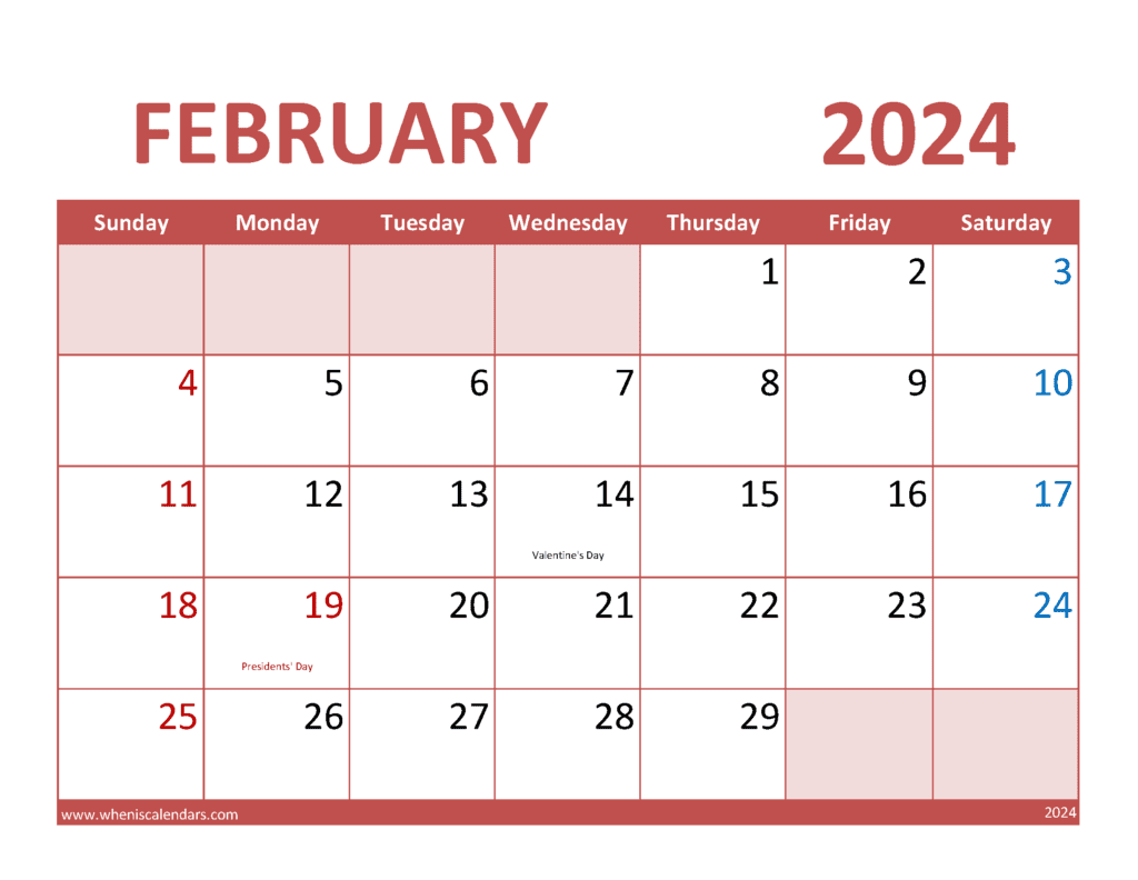 Download February 2024 Calendar Free Template Letter Horizontal F4353