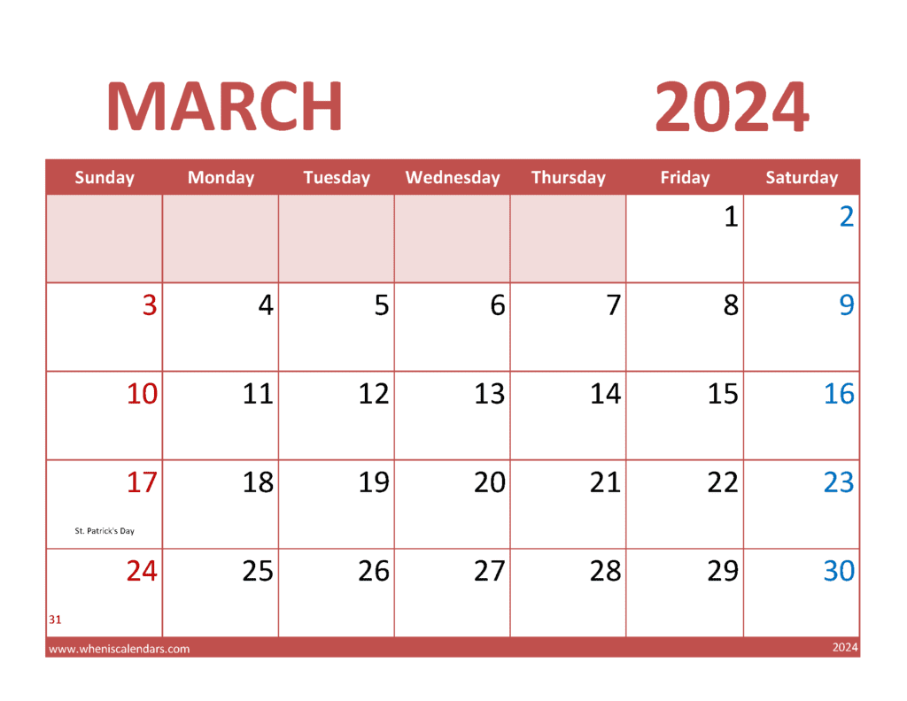 Download March 2024 Calendar Free Template Letter Horizontal M34353