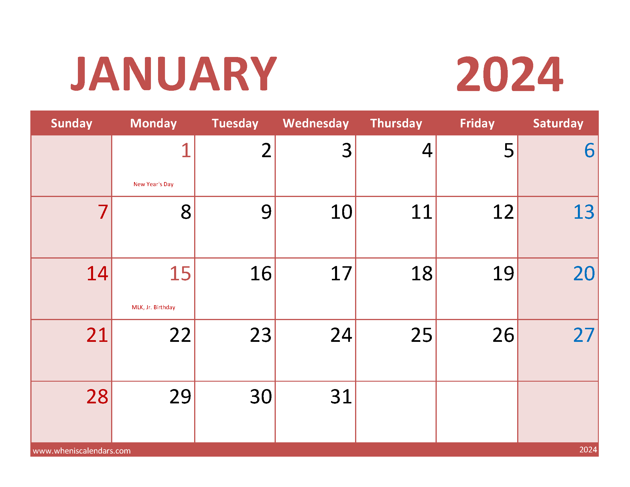 January Template Calendar 2024 Monthly Calendar