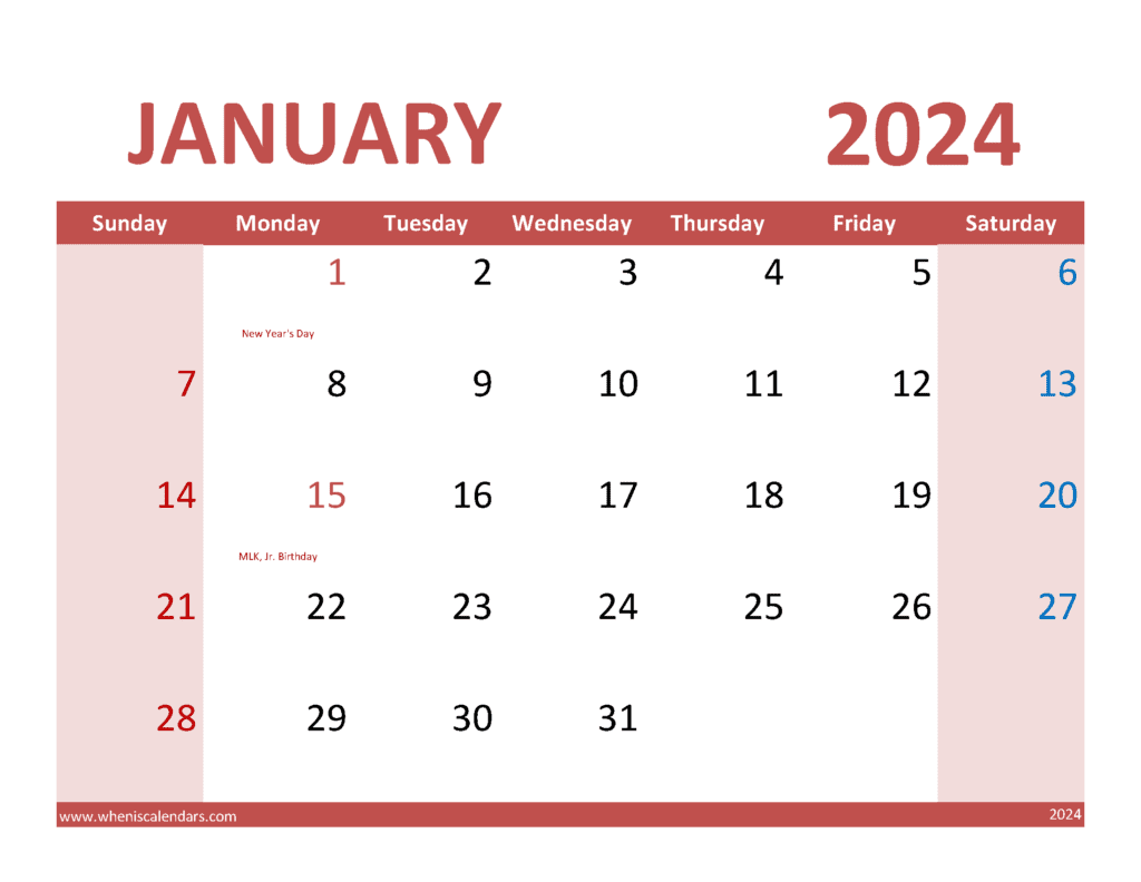 Jan Calendar 2024 with Holidays Monthly Calendar