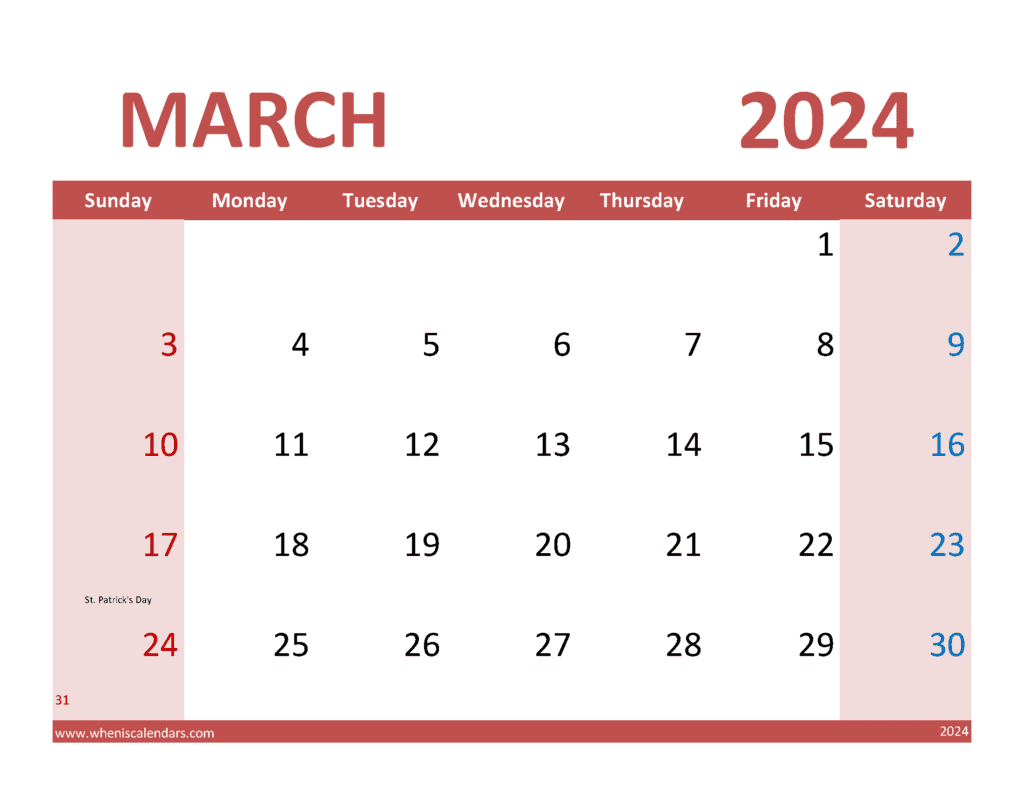 Download Blank Calendar March 2024 pdf Letter Horizontal M34355